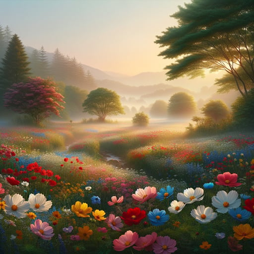 A stunning good morning image depicting a floral field at dawn, with colorful flowers, dewdrops, green trees, and distant mountains.