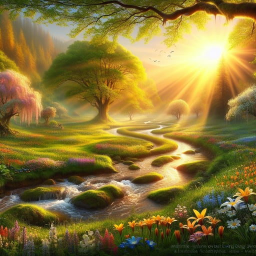 A tranquil early morning landscape with dew-kissed grass, vibrant flowers, and a serene stream under a golden sunrise, embodying a good morning image