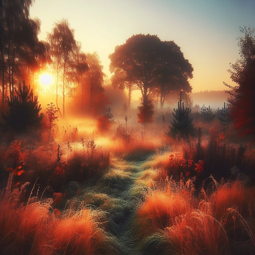 Good morning image capturing an autumn scene with vibrant leaves in orange, red, and yellow hues, and dewy, frost-tipped grass under a clear sky.