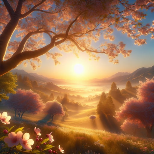 Serene summer morning with warm sunlight bathing cherry blossoms and distant mountains, encapsulating the planet's natural beauty in a good morning image.