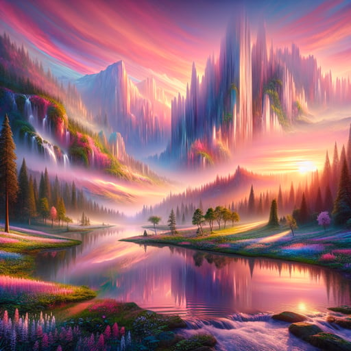 Serene good morning image of pastel-hued mountains, a tranquil lake, and an enchanted forest delighting in dawn's light.