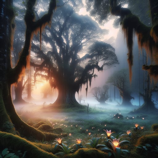 A serene, foggy meadow at dawn, with ancient trees and glowing flowers, creating a perfect good morning image.