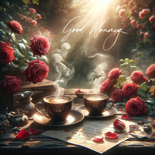 Good morning image of a serene outdoor setting with two steaming coffee cups, surrounded by red roses and love letters.