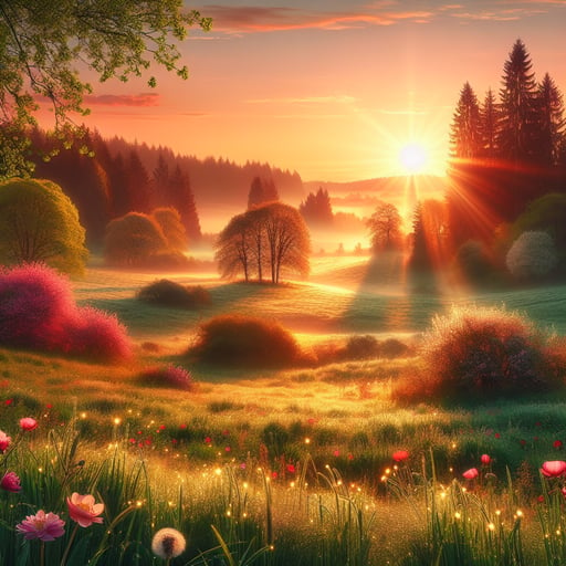 A beautiful good morning image showcasing a serene spring sunrise over a verdant countryside.