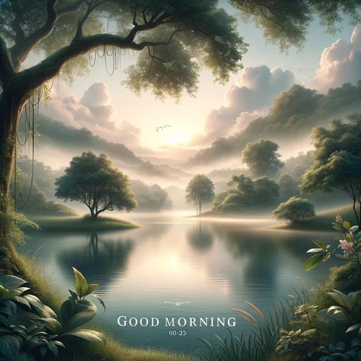 Serene nature landscape at dawn, calm lake embraced by lush greenery and gentle mist, good morning image.