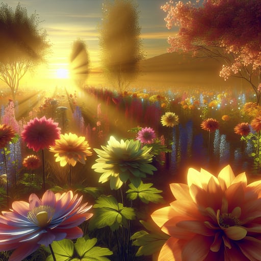 Good morning image featuring a serene landscape ignited with the glow of radiant flowers under the warm sunrise.