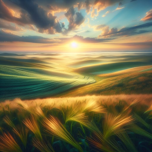 A serene countryside under a radiant dawn, fields of wheat illuminated by the rising sun, capturing the essence of a perfect good morning image.
