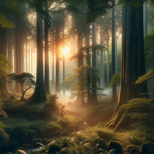 Good morning image depicting a serene, misty forest at dawn with ancient trees and warm sunlight filtering through, creating a quiet retreat.
