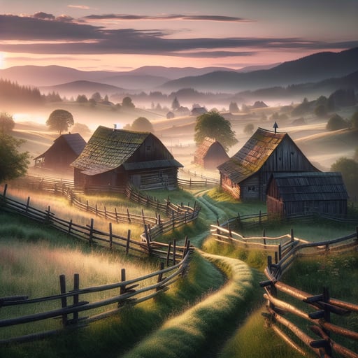 Good morning image capturing a serene countryside at dawn with barns, wooden fences, and a glowing horizon.
