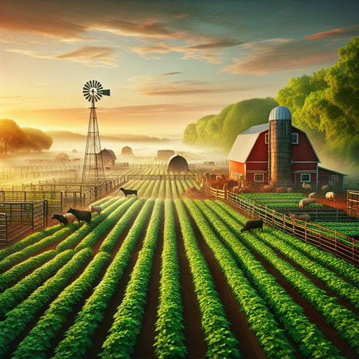 Serene morning on a flourishing farm, with vibrant green crops, a well-maintained animal pen, and the first rays of sunrise illuminating a dew-covered landscape including a red barn and a gently turning windmill.
