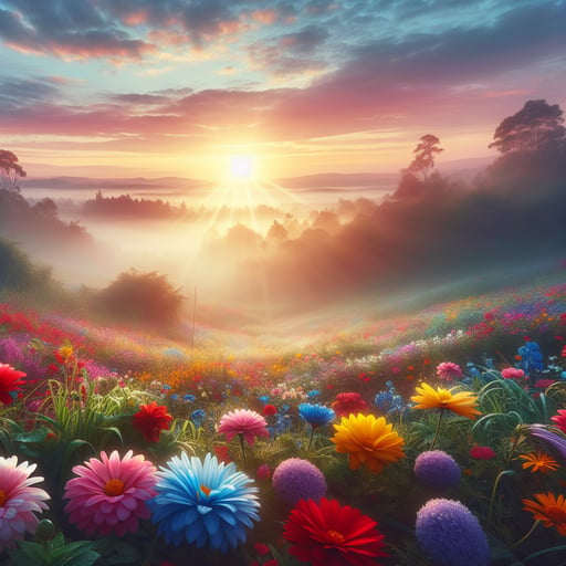 A serene morning landscape covered with colorful flowers under a soft sunrise, with a mystical fog - good morning image.