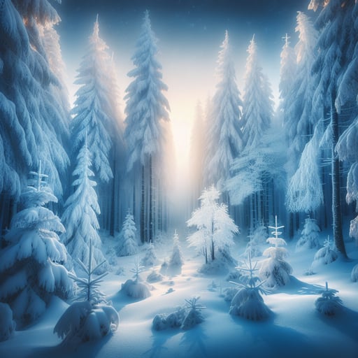 A serene and tranquil winter forest at dawn, showcasing majestic trees covered with fresh snow, perfect as a good morning image.