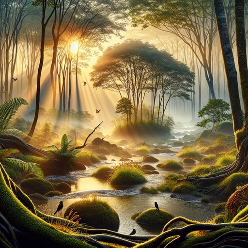 A tranquil morning in a lush forest, with dew on leaves and sunlight filtering through, but no animals visible, embodying a serene good morning image.