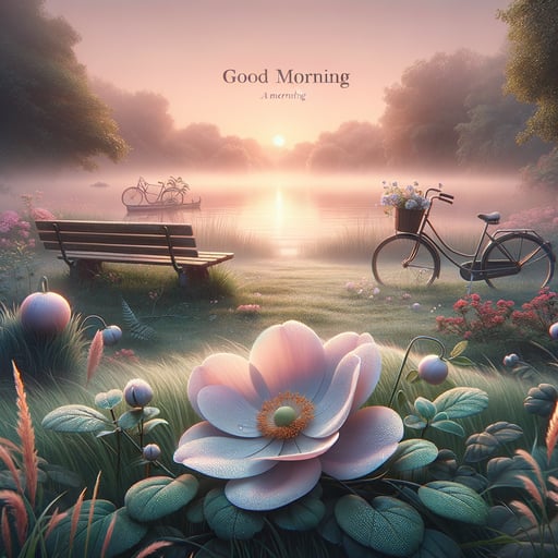 A serene lake reflects the sunrise next to a blooming flower, with a bicycle for two and empty benches, embodying a romantic, good morning image.