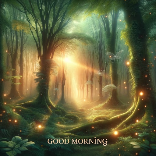 Enchanted forest image with mystical lights and 'Good Morning' text, for a magical, peaceful morning atmosphere.