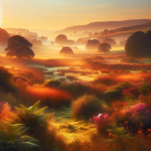 Serene countryside morning with vibrant flowers, a glowing sunrise and distant wildlife sounds in a good morning image.