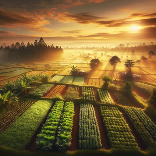 Good morning image of a farm at sunrise, with dew-kissed fields rich in vegetables, grains, and blooming flowers, showcasing nature's quiet beauty.