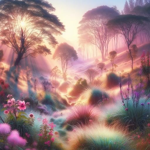 Good morning image of a gentle sunrise in a peaceful valley with soft pink, purple, and blue hues and sparkling dew on foliage.