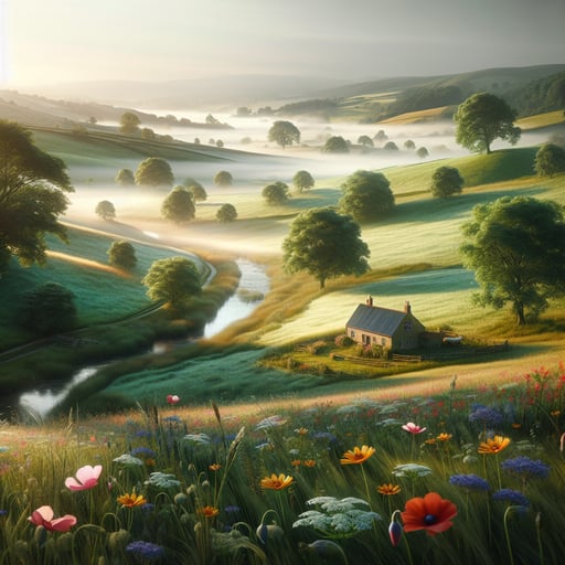 Countryside vista at dawn in good morning image showcasing a rustic country house, undulating hills, wildflowers, and a glistening, meandering river.