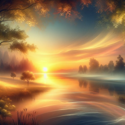Serene morning sunrise with warm hues of orange, yellow, and pink inviting a tranquil start to the day - good morning image.