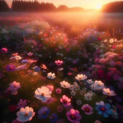 A tranquil field of colorful flowers illuminated by the soft morning light, symbolizing a peaceful good morning