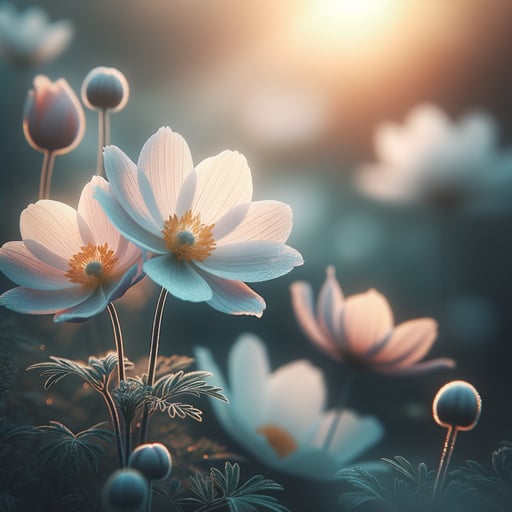 Serene garden of soft-petaled flowers welcoming the day's first gentle rays, symbolizing a peaceful new beginning. Good morning image.