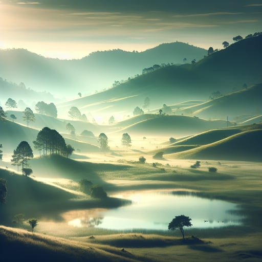 A tranquil good morning image showcasing a peaceful landscape with gentle sunlight, mist, dew-kissed grass, hills, and a serene lake.