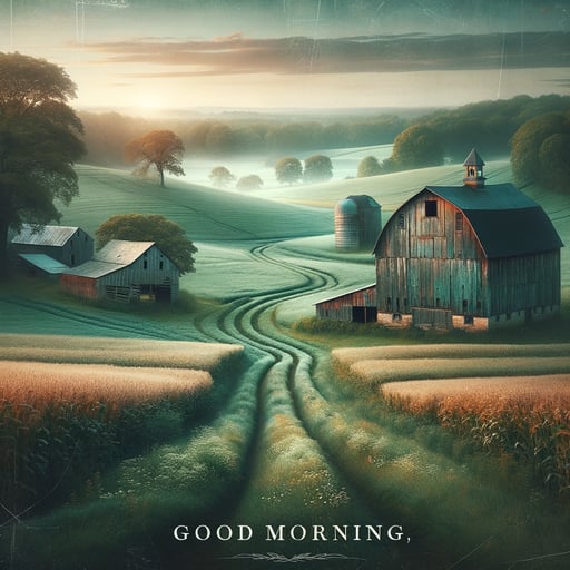 A tranquil good morning image of rustic countryside barns, green fields, and a dawn-kissed sky.