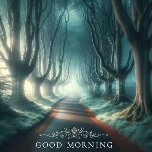 A gentle mist envelopes a serene, mystical forest path in this tranquil good morning image, inviting reflection.