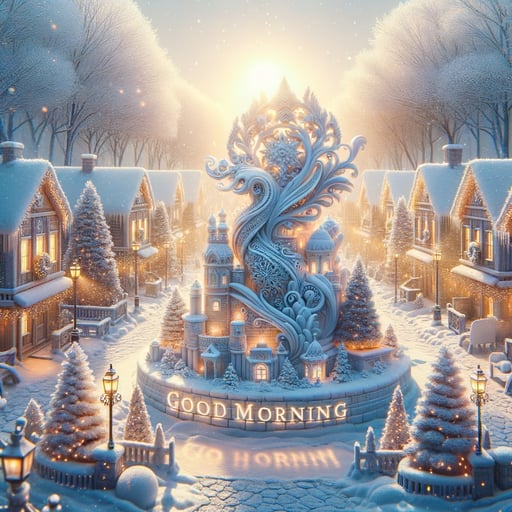 A tranquil winter morning in a quaint town with a snow sculpture embodying warmth and festive joy, good morning image.