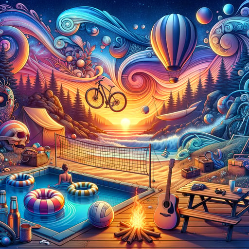 Animated summer landscape with sunrise, beach volleyball net, wind surfboards, picnic baskets, inflatable tubes in a pool, mountain bikes, evening lanterns, a telescope, and a guitar, captioned 'Good Morning' in the sky.