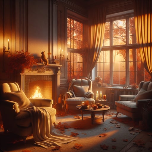 A good morning image featuring a cozy autumn morning scene with soft-cushioned chairs, golden curtains, and a warm fireplace.