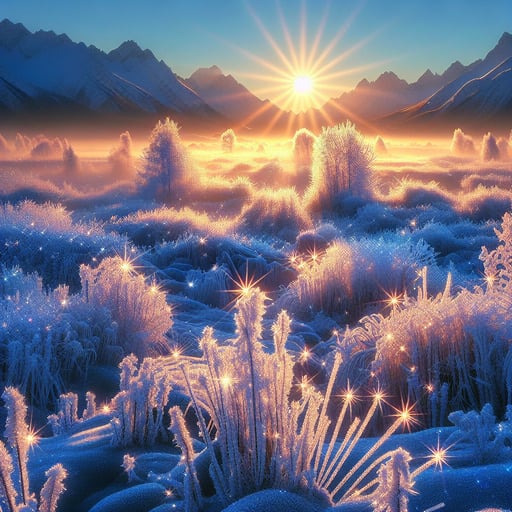 Sparkling winter morning scene with frost and ice under a gentle sun, creating a peaceful good morning image