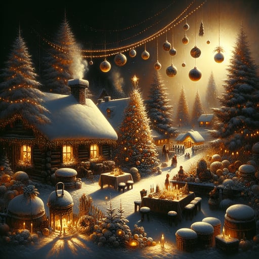 A good morning image of a festive winter scene with joyful decorations and warm lights, capturing the essence of a family gathering in a peaceful, snowy landscape.