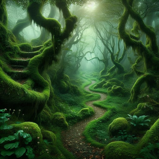 A serene and misty good morning image of a mystical forest pathway shrouded in early morning dew, devoid of any creatures.