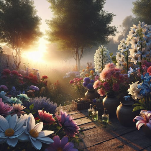 A serene good morning image showcasing diverse fragrant flowers in full bloom, bringing tranquility and beauty.