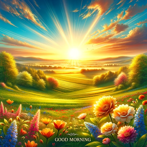 Serene spring sunrise over lush fields with colorful blooms, perfectly embodying a good morning image.