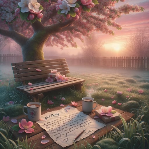 Good morning image of a serene backyard with a wooden bench under a blooming tree, heartfelt love letter, and warm mugs.