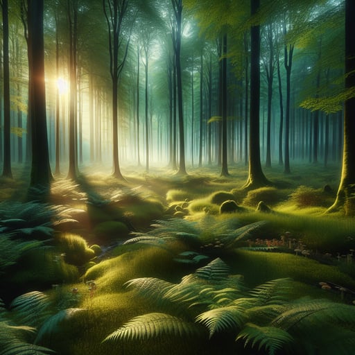 A peaceful morning in a serene forest with gentle sunlight filtering through the trees, highlighting dew-covered ferns and mushrooms.