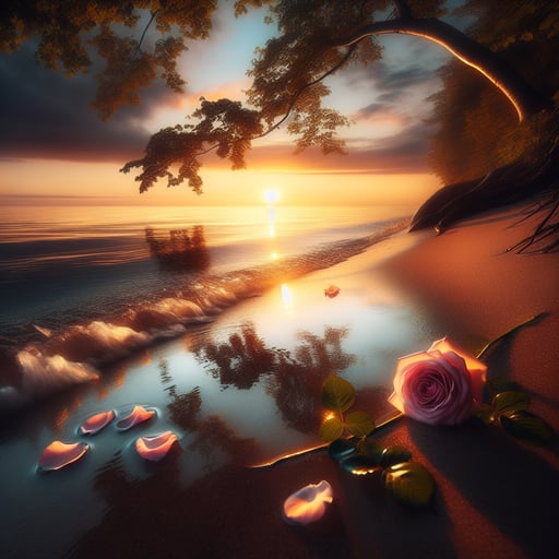 A serene morning scene with the sun rising over the ocean, a tree bending tenderly towards the water, and a lone rose blooming, symbolizing love and care in the warm embrace of nature – a perfect good morning image.