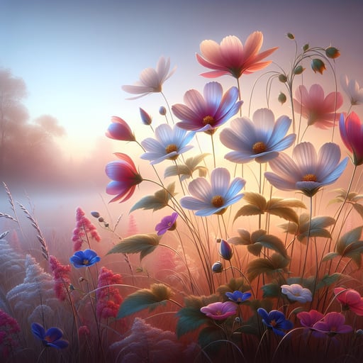 A peaceful and vibrant morning landscape with a variety of elegant flowers bathed in soft sunlight, symbolizing a fresh start.