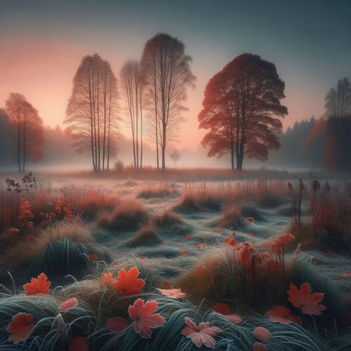 A peaceful good morning image featuring an autumn sunrise with frost-covered grass and trees in vibrant foliage.