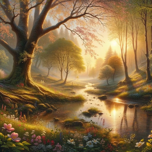 Sunrise over blooming trees in spring, golden light fills the scene, a serene stream reflects the blossoms, good morning image.