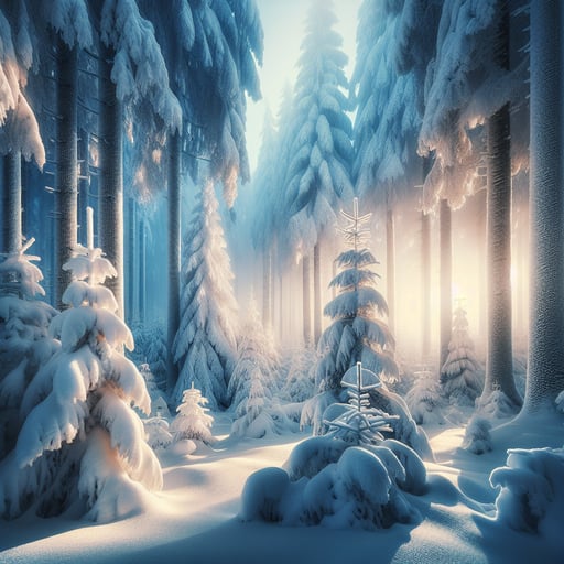 A serene good morning image of a winter forest bathed in sunlight, covered in snow, embodying peace and tranquility.