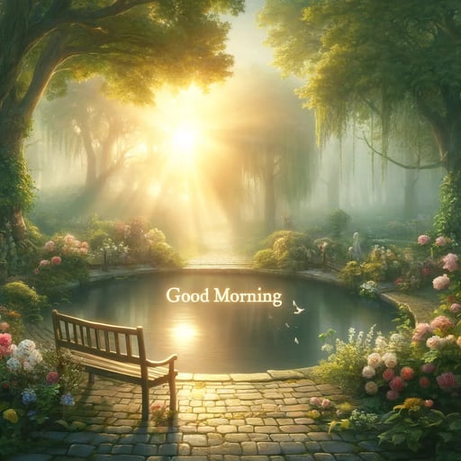 Tranquil garden at sunrise with soft light upon a bench by a pond, surrounded by blooming flowers, good morning image.