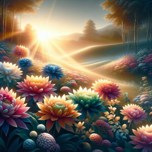 A serene good morning image showcasing radiant flowers bathed in sunlight, symbolizing joy and a positive start to the day.