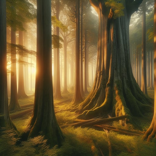 Ancient trees bathed in soft sunrise light, showcasing a serene and majestic forest as the perfect good morning image.