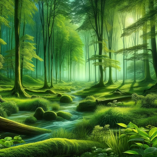 A serene and pure morning deep in a lush forest, with vivid greens and 'Good Morning' text seamlessly blended in.