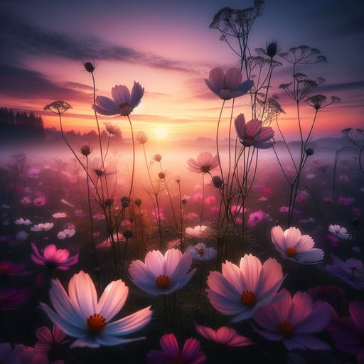 A serene good morning image of delicate flowers against a pastel dawn, embodying peace with no life in sight.