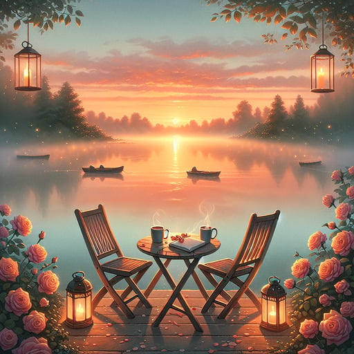 Good morning image of a serene lake scene at sunrise with intertwined wooden chairs, a book, two mugs, and roses, symbolizing a romantic morning